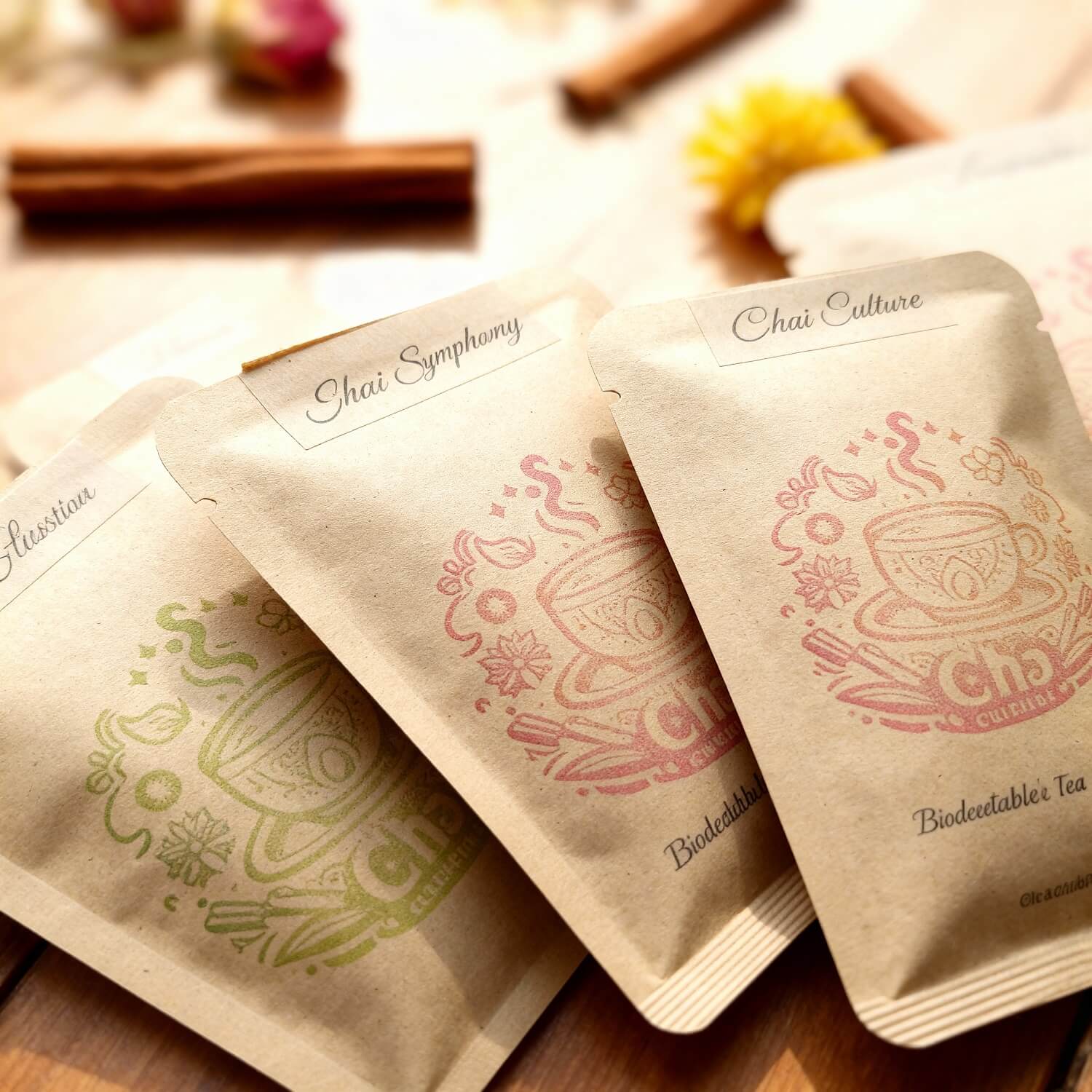 Three brown paper tea bags with decorative designs and text on a wooden surface.