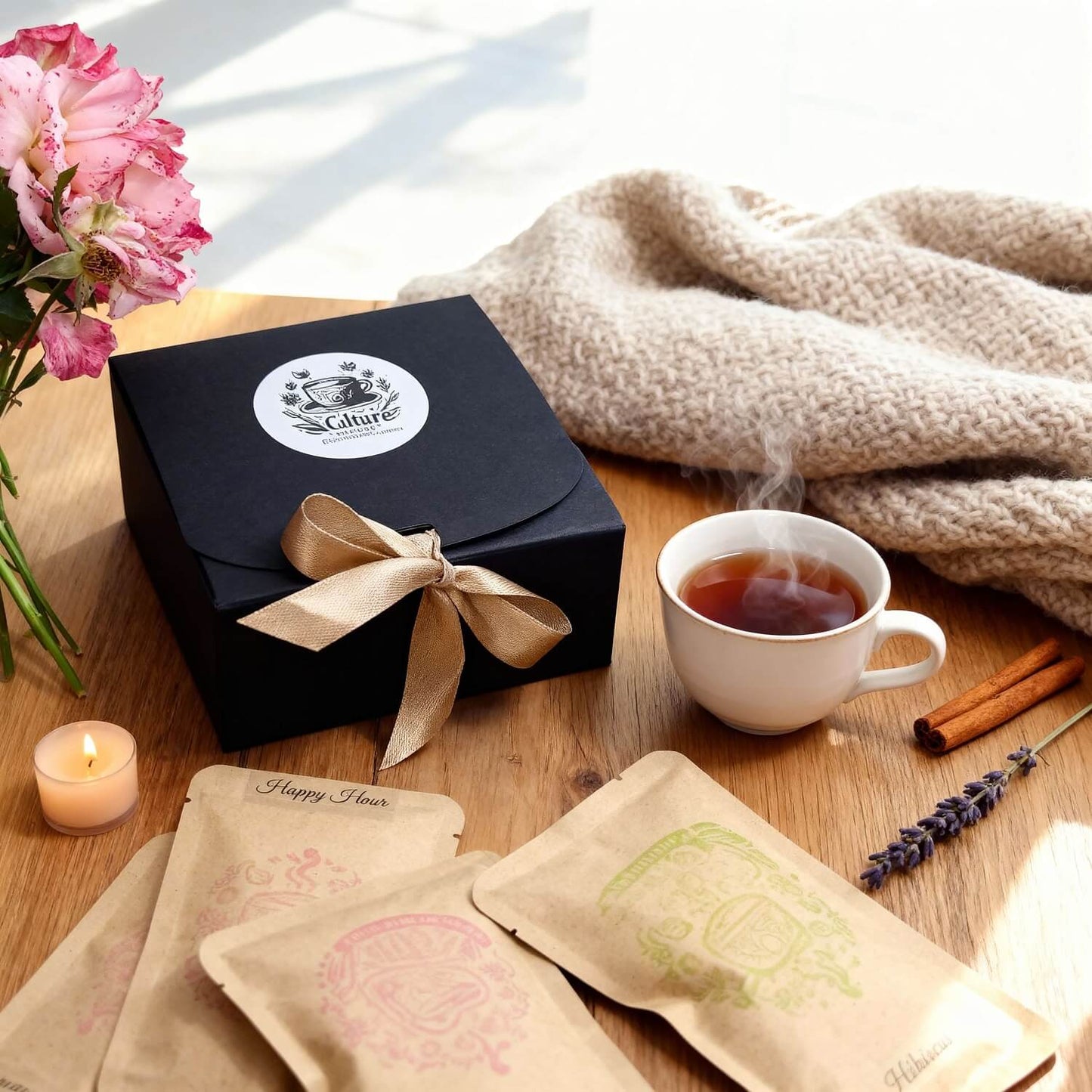 Tea packaging with a cup of tea, flowers, and candles on a wooden surface